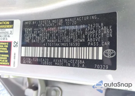 2021 Toyota Camry Se из США, поврежденный, VIN 4T1G11AK1MU516590